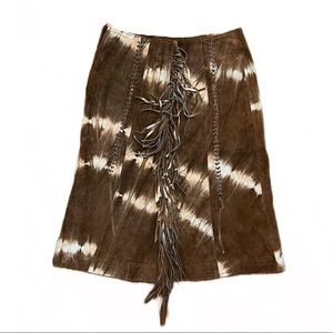 Suede Skirt Brown with Fringe and Tie Dye